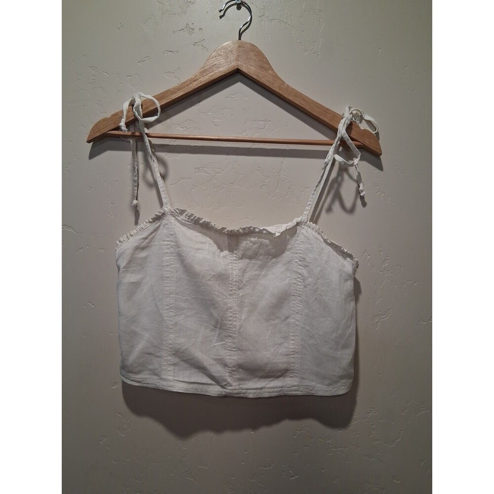 Aerie White Linen Crop Top Tank Top Adjustable Straps Smocked Size Medium